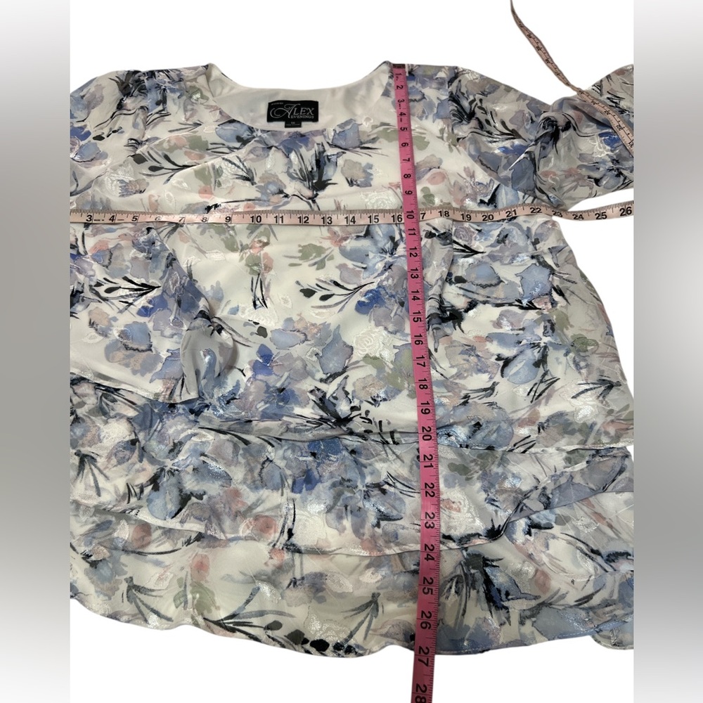 NWT Alex Evenings Size 1X 3/4 Sleeve Printed Chiffon Burnout Blouse Asymmetric - Picture 5 of 7